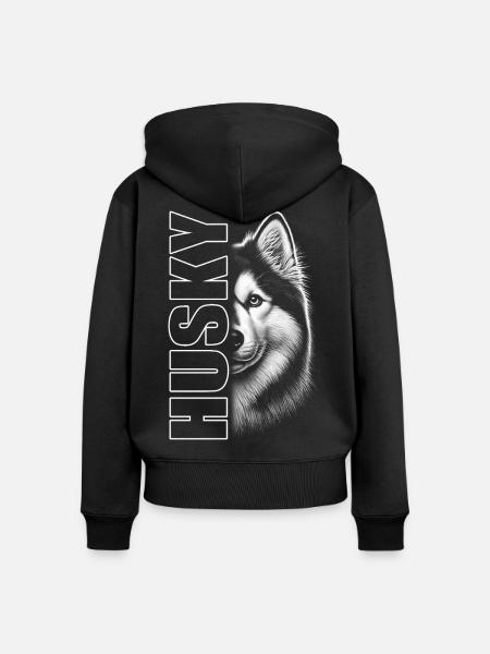 Husky Porträt mit vertikalem Schriftzug - Frauen Premium Bio Zip Hoodie - Schwarz