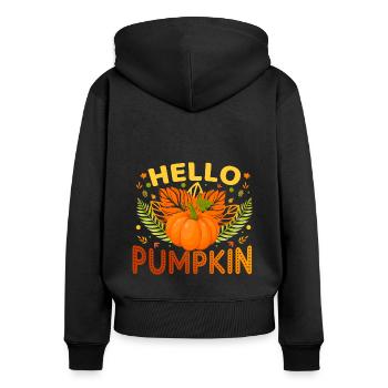 Autumn Hello Pumpkin - Frauen Premium Bio Zip Hoodie - Schwarz - Hinten - Julia (174cm)