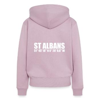 St Albans Koordinaten - Frauen Premium Bio Zip Hoodie - Altrosa - Hinten - Julia (174cm)