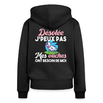 Vaches. Agriculture. Cadeau t-shirt humour animal - Sweat à capuche zippé Premium bio Femme - noir - Dos - Julia (174cm)