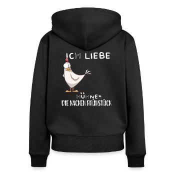 Ich liebe Hühner, die kacken Frühstück - Frauen Premium Bio Zip Hoodie - Schwarz - Hinten - Julia (174cm)