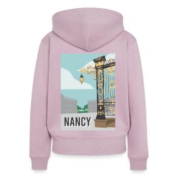 Nancy ville - Sweat à capuche zippé Premium bio Femme - rose poudré - Dos - Julia (174cm)