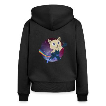 Süße Katze Superheld Weltall Schweben Mieze - Frauen Premium Bio Zip Hoodie - Schwarz - Hinten - Julia (174cm)