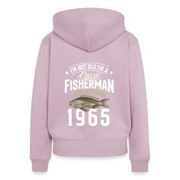 60e anniversaire 1965 Pêcheur - Sweat à capuche zippé Premium bio Femme - rose poudré - Dos - Julia (174cm)