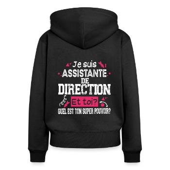 Assistante Direction Super Pouvoir Cadeau Humour - Sweat à capuche zippé Premium bio Femme - noir - Dos - Julia (174cm)