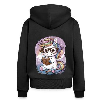 Licorne kawaii avec lunettes et livre - Sweat à capuche zippé Premium bio Femme - noir - Dos - Julia (174cm)