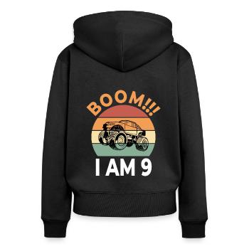 Boom I Sur 9 Kids Monster Truck Retro Anniversaire - Sweat à capuche zippé Premium bio Femme - noir - Dos - Julia (174cm)