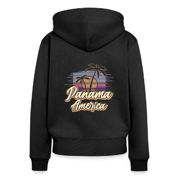 Panama America Vintage Amérique latine Coucher de soleil - Sweat à capuche zippé Premium bio Femme - noir - Dos - Julia (174cm)