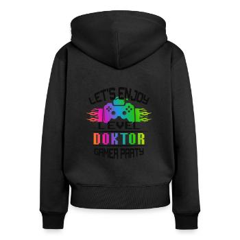 Level DOKTOR keep calm and game on - Frauen Premium Bio Zip Hoodie - Schwarz - Hinten - Julia (174cm)