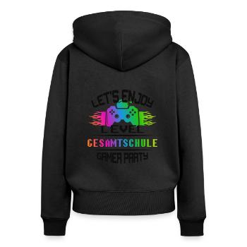 Level GESAMTSCHULE keep calm and game on - Frauen Premium Bio Zip Hoodie - Schwarz - Hinten - Julia (174cm)