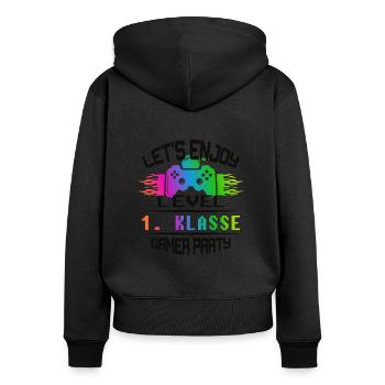 Niveau 1 .CLASS restez calme et jouez - Sweat à capuche zippé Premium bio Femme - noir - Dos - Julia (174cm)