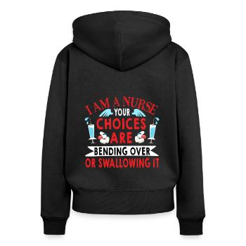 Je suis infirmière Voici nos options - Sweat à capuche zippé Premium bio Femme - noir - Dos - Julia (174cm)