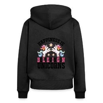 Le bonheur, c’est croire en la licorne licorne - Sweat à capuche zippé Premium bio Femme - noir - Dos - Julia (174cm)