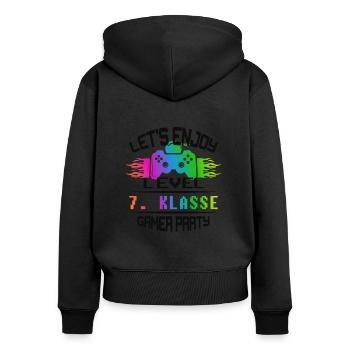 Level 7. KLASSE keep calm and game on - Frauen Premium Bio Zip Hoodie - Schwarz - Hinten - Julia (174cm)