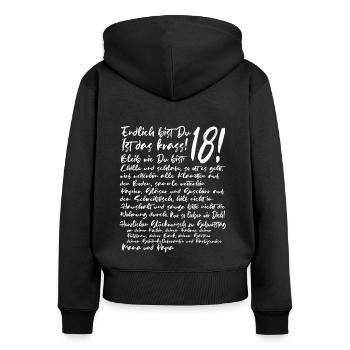 18. Geburtstag Endlich 18 Jahre Geschenk zum 18. - Frauen Premium Bio Zip Hoodie - Schwarz - Hinten - Julia (174cm)