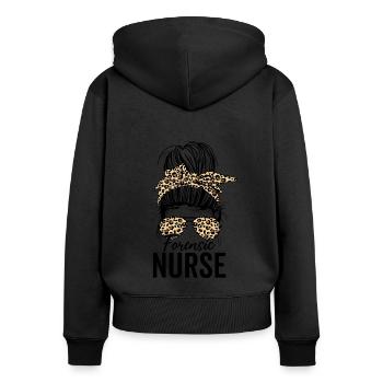 Infirmière praticienne médico-légale Messy Bun Leopard - Sweat à capuche zippé Premium bio Femme - noir - Dos - Julia (174cm)
