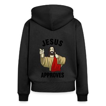 Buddy Christ - Frauen Premium Bio Zip Hoodie - Schwarz - Hinten - Julia (174cm)