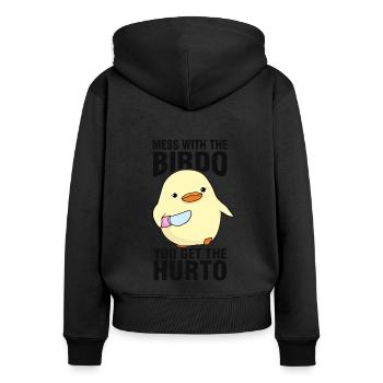 Mèmes d’oiseaux - Sweat à capuche zippé Premium bio Femme - noir - Dos - Julia (174cm)
