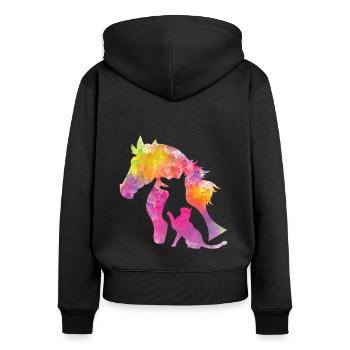 Pferd Hund und Katze Fun bunt Haustier Tierfreunde - Frauen Premium Bio Zip Hoodie - Schwarz - Hinten - Julia (174cm)
