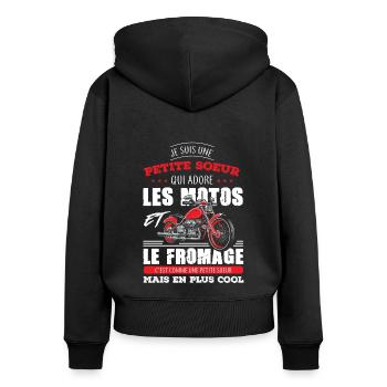 petite soeur motarde adore les motos fromage drôle - Sweat à capuche zippé Premium bio Femme - noir - Dos - Julia (174cm)