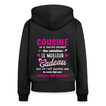 Meilleur cadeau cousine citation coeur ruban cool - Sweat à capuche zippé Premium bio Femme - noir - Dos - Julia (174cm)