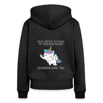 Ich möchte etwas mit Menschen machen Schubsen - Frauen Premium Bio Zip Hoodie - Schwarz - Hinten - Julia (174cm)