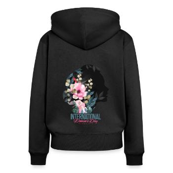 Bonne Journée internationale de la femme le 8. - Sweat à capuche zippé Premium bio Femme - noir - Dos - Julia (174cm)