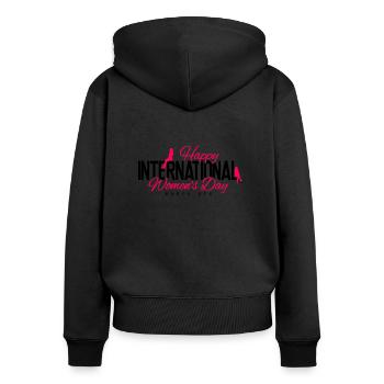 Bonne Journée internationale de la femme le 8. - Sweat à capuche zippé Premium bio Femme - noir - Dos - Julia (174cm)
