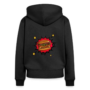 J’adore la restauration rapide, les hamburgers et les frites - Sweat à capuche zippé Premium bio Femme - noir - Dos - Julia (174cm)