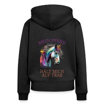 Mein Pferd hält mich auf Trab - Frauen Premium Bio Zip Hoodie - Schwarz - Hinten - Julia (174cm)