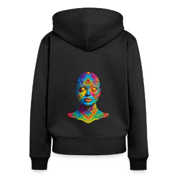 Masque facial trippant - Découvrez le M - Sweat à capuche zippé Premium bio Femme - noir - Dos - Julia (174cm)
