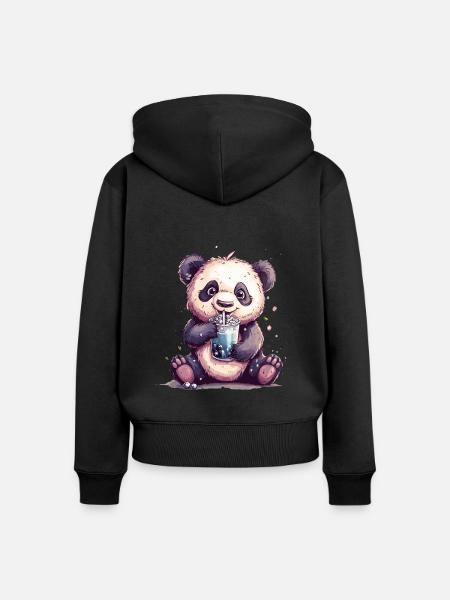 Niedlicher Panda mit Tee - Frauen Premium Bio Zip Hoodie - Schwarz