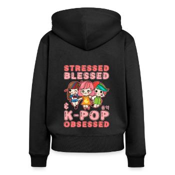 Idée cadeau motif coréen à la mode pour les fans de K-pop - Sweat à capuche zippé Premium bio Femme - noir - Dos - Julia (174cm)