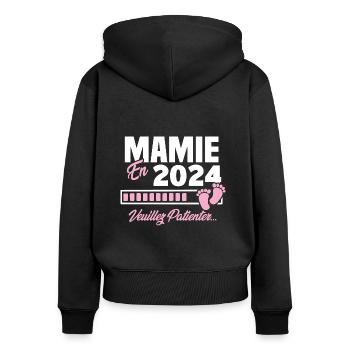 Mamie en 2024 / Cadeau future mamie 2024 - Sweat à capuche zippé Premium bio Femme - noir - Dos - Julia (174cm)