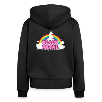 BLACK METAL - Funny / Unicorn - Rainbow - parodie - Sweat à capuche zippé Premium bio Femme - noir - Dos - Julia (174cm)