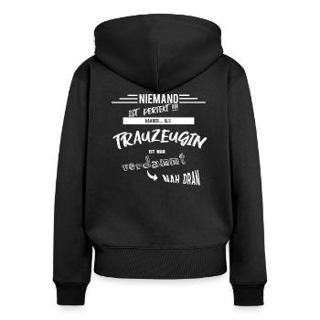 trauzeugin - Frauen Premium Bio Zip Hoodie - Schwarz - Hinten - Julia (174cm)