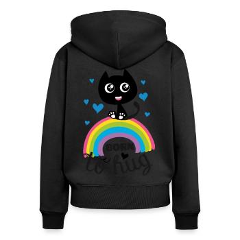 Geboren tu Umarmung, süße Katze auf Regenbogen! - Frauen Premium Bio Zip Hoodie - Schwarz - Hinten - Julia (174cm)