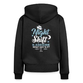 Nachtschicht ist fantastisch! - Frauen Premium Bio Zip Hoodie - Schwarz - Hinten - Julia (174cm)