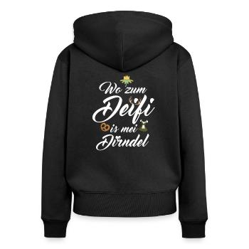 Wo zum Deifi is mei Dirndl Spruch - Frauen Premium Bio Zip Hoodie - Schwarz - Hinten - Julia (174cm)