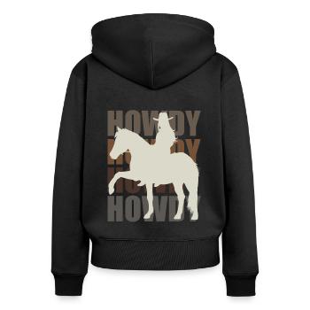 Howdy! Westernreiter Gruß und Spaß - Frauen Premium Bio Zip Hoodie - Schwarz - Hinten - Julia (174cm)