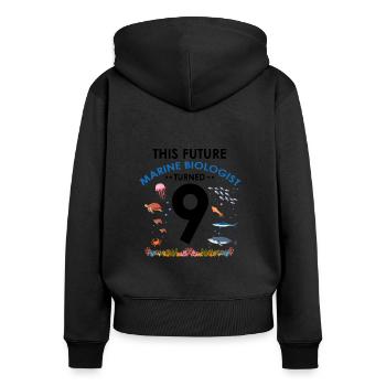 Fête d’anniversaire en biologie marine 9 ans neuf - Sweat à capuche zippé Premium bio Femme - noir - Dos - Julia (174cm)