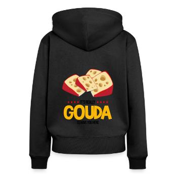 Devis fromagerie pour les amateurs de fromage Gouda et de Gouda - Sweat à capuche zippé Premium bio Femme - noir - Dos - Julia (174cm)
