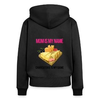 Gouda design pour fromagerie laitière et fromage Gouda - Sweat à capuche zippé Premium bio Femme - noir - Dos - Julia (174cm)