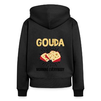 Gouda design pour fromagerie laitière et fromage Gouda - Sweat à capuche zippé Premium bio Femme - noir - Dos - Julia (174cm)