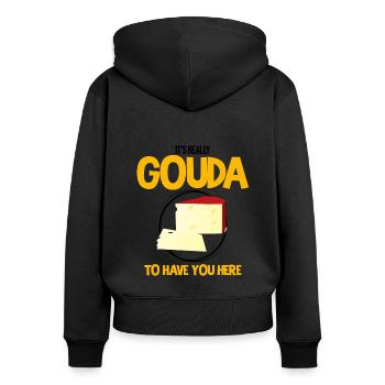 Geräucherter Gouda Design und Gouda-Feinschmecker - Frauen Premium Bio Zip Hoodie - Schwarz - Hinten - Julia (174cm)