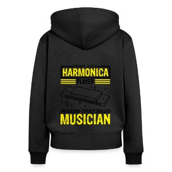 Mundharmonika Spieler und Mundharmonika - Frauen Premium Bio Zip Hoodie - Schwarz - Hinten - Julia (174cm)