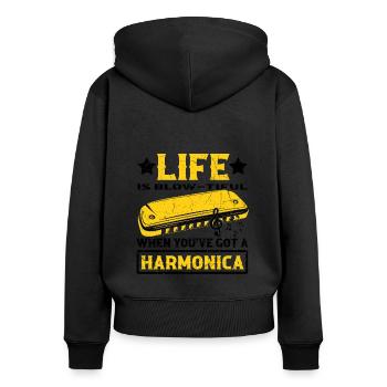 Harmonikaspieler für Munharmonika Spieler - Frauen Premium Bio Zip Hoodie - Schwarz - Hinten - Julia (174cm)