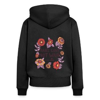 Woodstock Make Love Not War Mit Blumen Rahmen - Frauen Premium Bio Zip Hoodie - Schwarz - Hinten - Julia (174cm)