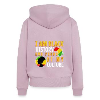 Je suis l’histoire des Noirs et fier de ma culture - Sweat à capuche zippé Premium bio Femme - rose poudré - Dos - Julia (174cm)