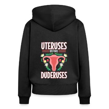 Uteruses Before Duderuses - Frauen Premium Bio Zip Hoodie - Schwarz - Hinten - Julia (174cm)